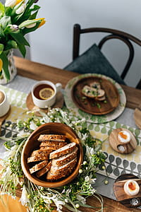 Breakfast served with tea, bread and eggs thumbnail