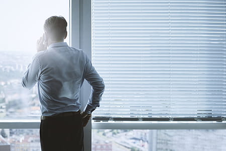 Back view portrait of a businessman talking on the phone at office thumbnail