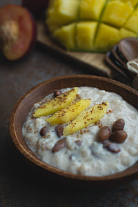 Exotic coconut rice and beans dessert with mango thumbnail