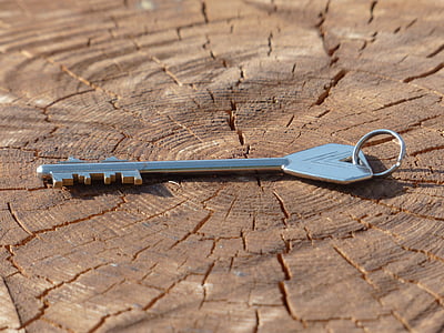 silver-colored skeleton key on brown wood slice thumbnail