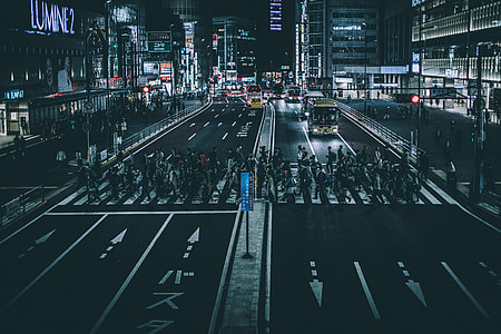 people crossing on pedestrian lane between buildings during nighttime thumbnail
