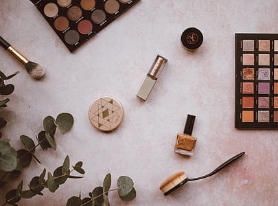 women's makeup palettes on white board beside plant thumbnail