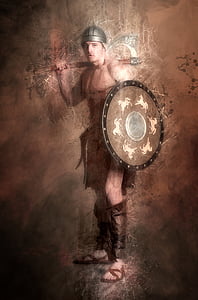 man wearing round silver-and-black shield and axe painting thumbnail