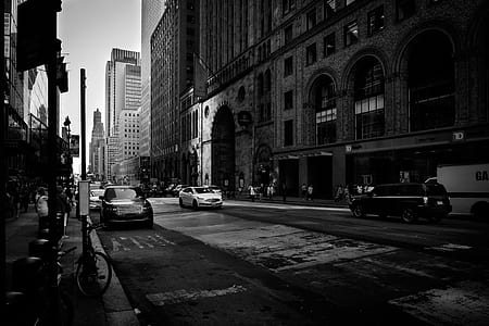 black and white cars beside building thumbnail