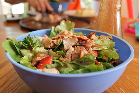 fried meat with veggies inside blue plastic bowl thumbnail