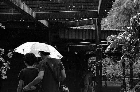 grayscale photo of man and woman under umbrella near brown wooden building thumbnail