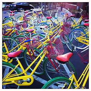 green and yellow bicycles on road near building thumbnail