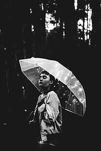 Grayscale Image of Woman Walking Through the Rain While Holding Umbrella thumbnail