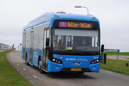 blue bus on road thumbnail