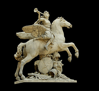 man riding in horse with wings blowing horn statue thumbnail