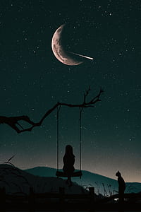 silhouette of girl sitting on swing fixed to a tree branch under bright starry night sky with crescent moon illustration thumbnail