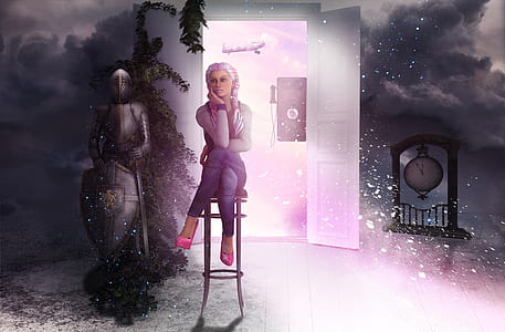 woman sitting on barstool inside room with opened door wallpaper thumbnail