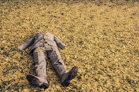 gray suit and cowboy boots on dried leaves thumbnail