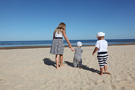 3 kids on shore with black and white dress during daytime thumbnail