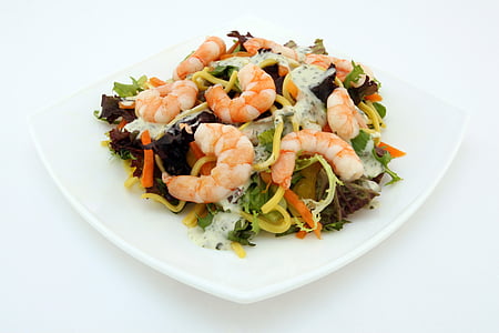 vegetable with shrimp serving on white ceramic plate thumbnail