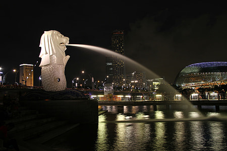 white Lion sculpture water fountain in front of body of water photo during night time thumbnail