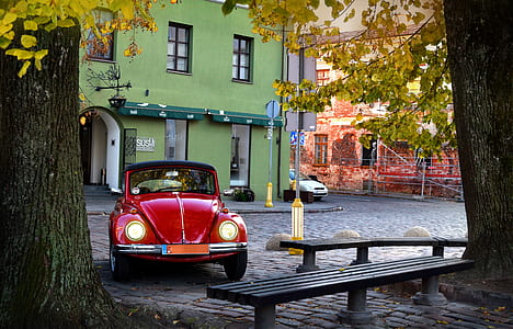 red Volkswagen Beetle coupe parked beside gray tree trunk near black concrete bench at daytime thumbnail