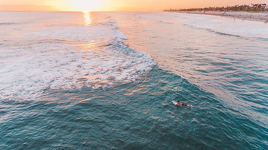 aerial photo of man wearing blue shorts swimming along with surfboard towards deep part of ocean near shore during daytime thumbnail