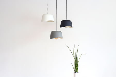 three white, black, and gray pendant ceiling lamps near green leaf plant thumbnail