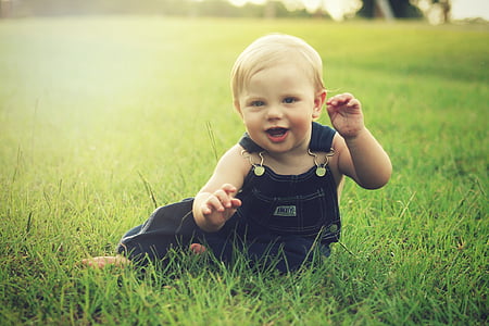 toddler in blue dungaree sitting on green grass field thumbnail