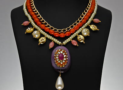 beaded red and white bib necklace with purple and red pendant thumbnail