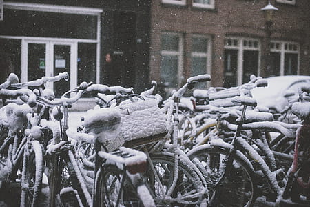 snow covered bicycles on road thumbnail