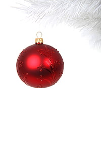red bauble hanging on white Christmas tree branch thumbnail