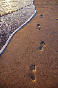 footprints in sand near seawave thumbnail