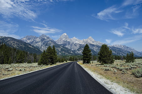 empty highway in between pine trees overlooking mountain under blue sky at daytime thumbnail