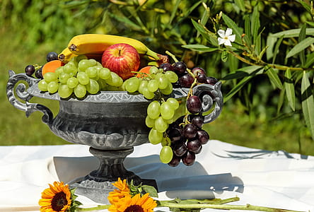 assorted fruits on gray metal stemmed tray thumbnail