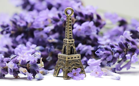 miniature silver Eiffel Tower beside purple petal flowers thumbnail