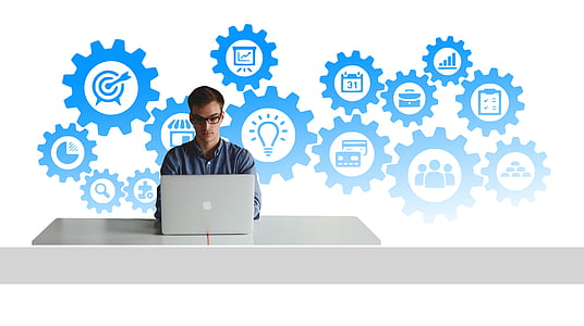 man using laptop with bright ideas illustration thumbnail