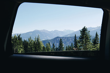 vehicle inside view of forest in distant of mountains thumbnail