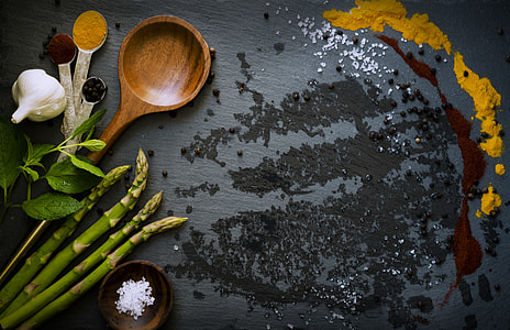 flat lay photography of asparagus and garlic bulb thumbnail