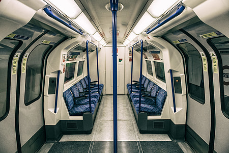 Wide-angle shot of the interior of a train on the London Underground thumbnail