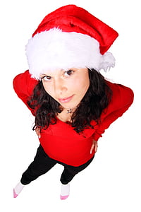 black haired woman in red long-sleeved top and wearing santa hat thumbnail
