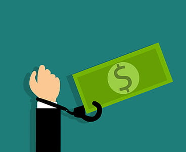 Illustration of being tied to money. Hand attached to cash money thumbnail