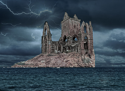 brown concrete building surrounded by water with lightning background thumbnail
