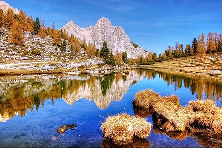 reflection of mountain and trees on body of water during daytime thumbnail