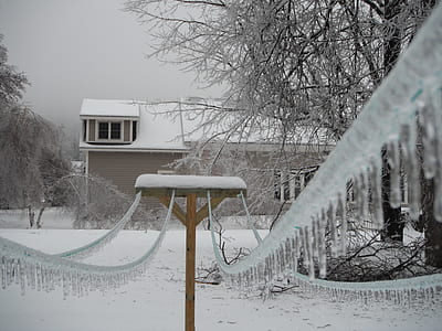 Brown and White Frozen Wire Connected to Brown Wooden Post thumbnail