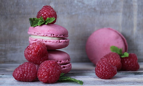 three pink macaroons and raspberries thumbnail