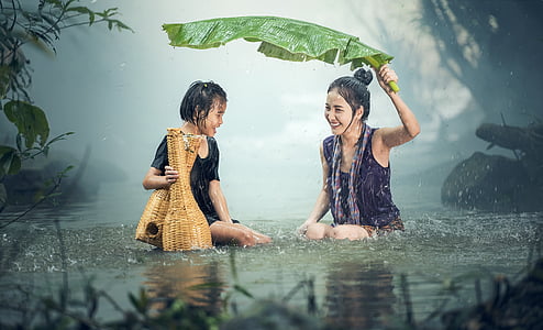 two women playing under the rain thumbnail