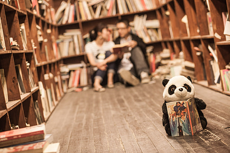 selective focus photography of panda plush toy holding a book in front of two person sitting on bookcase thumbnail