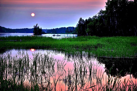 lake with green grass surface view during dawn thumbnail