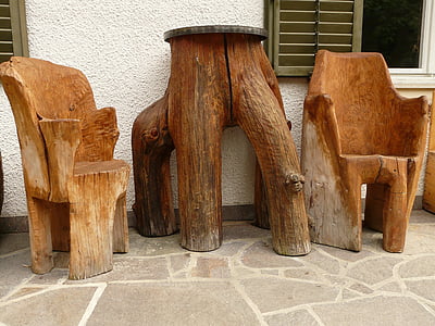 round brown wooden table with chairs thumbnail