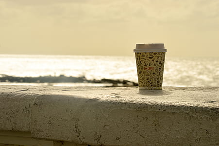 selective focus photography of beige and black disposable cup near body of water at golden hour thumbnail