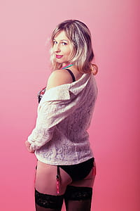 woman wearing white floral long-sleeved top and black panty thumbnail
