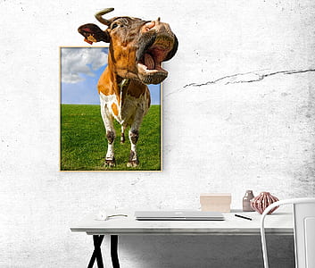 cow 3D painting on wall near desk thumbnail