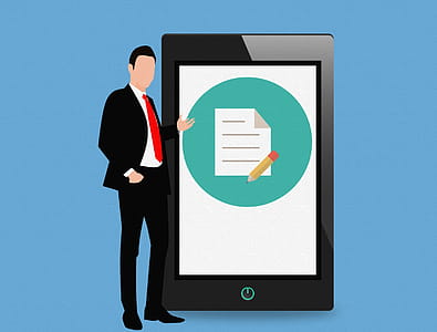 Notepad app on mobile tablet, with standing businessman illustration. thumbnail