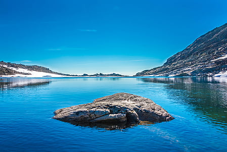 blue lake under calm sky between hills thumbnail